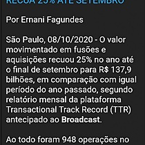 TTR: valor movimentado em fuses e aquisies recua 25% at setembro